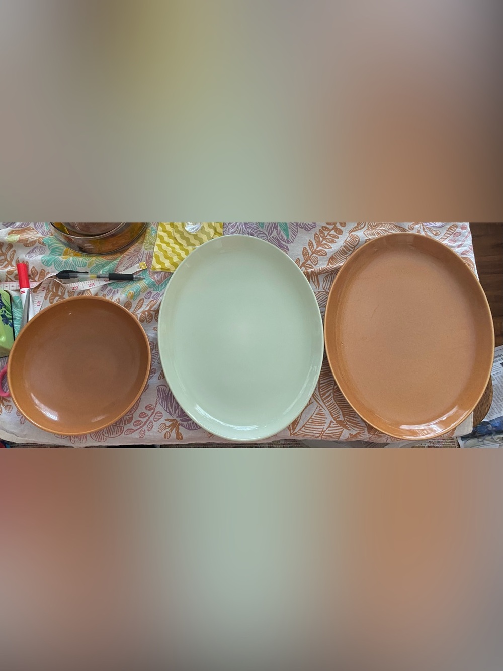 3 Russel Wright “Iroquois” 2 Platters & Bowl. 8”bowl & 12.5”platter. EC No wear